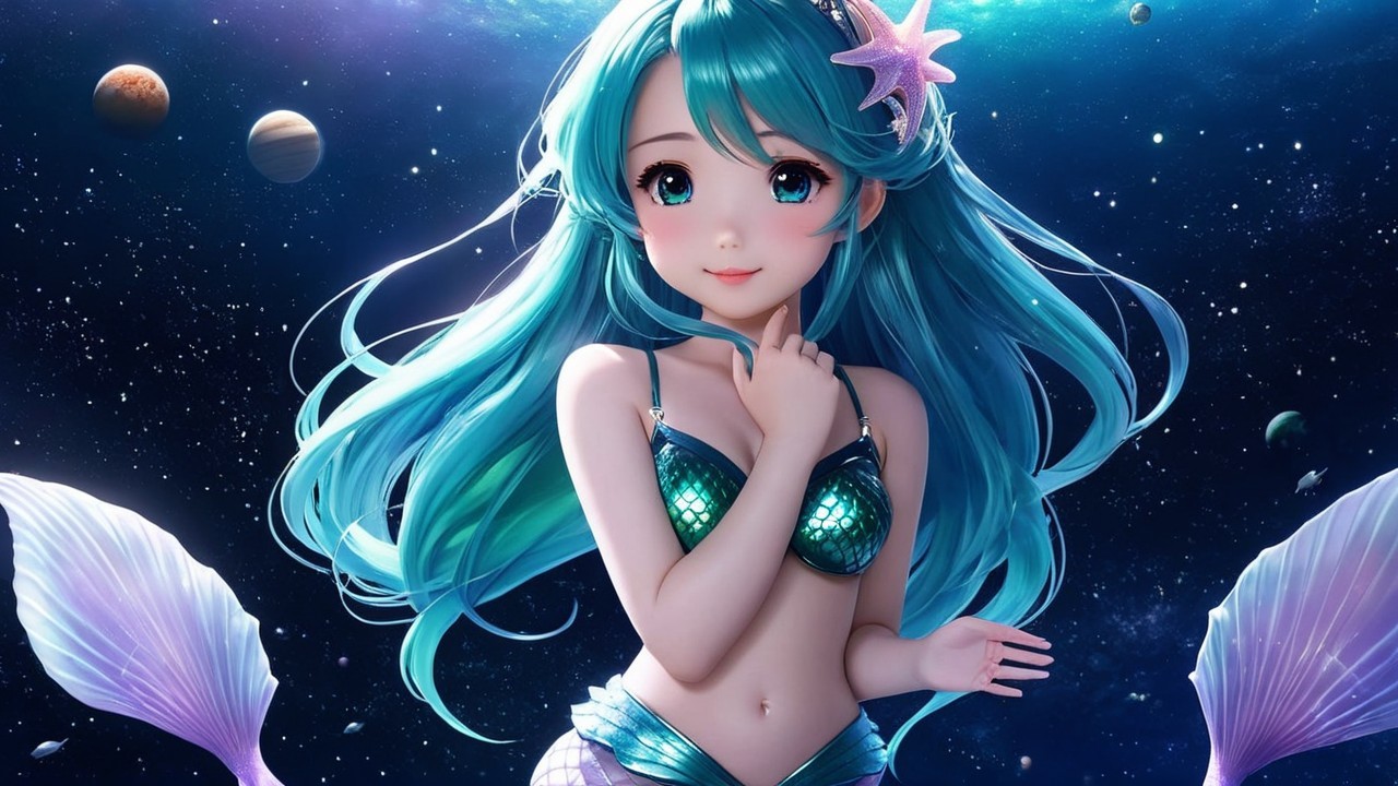 Whimsical Mermaid Against Cosmic Planetary Backdrop