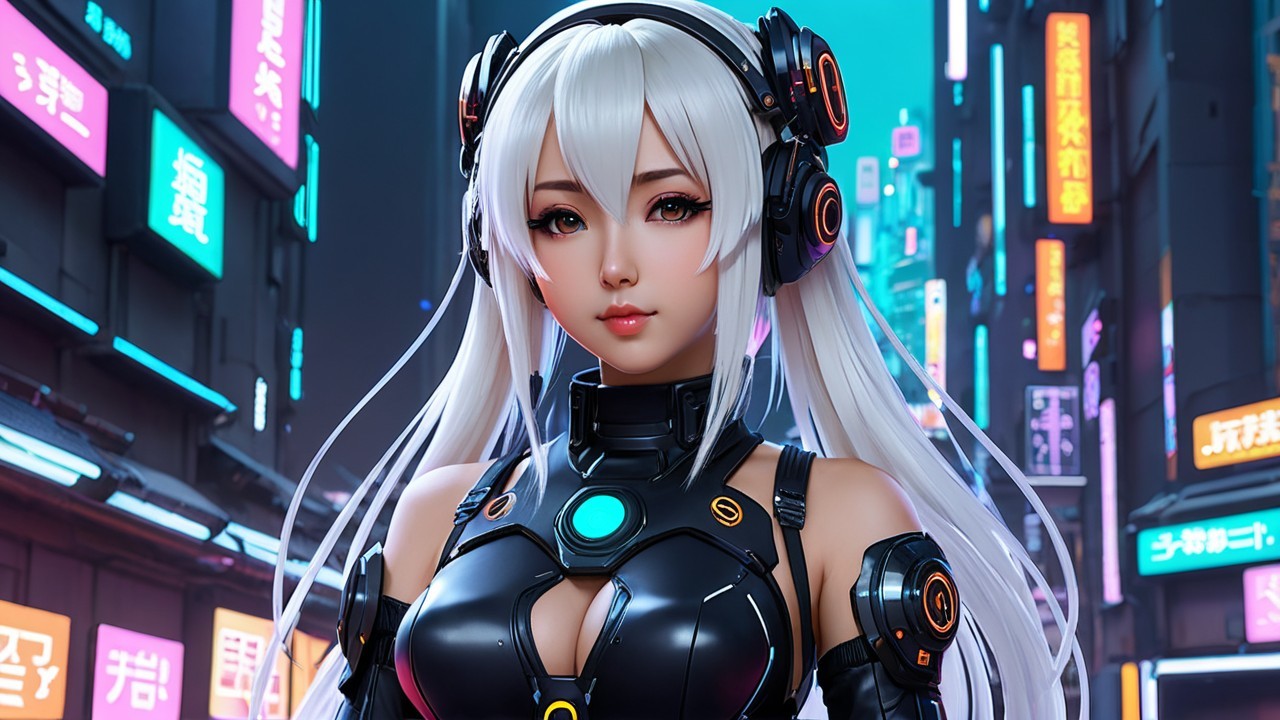 Futuristic character in neon-lit cyberpunk cityscape