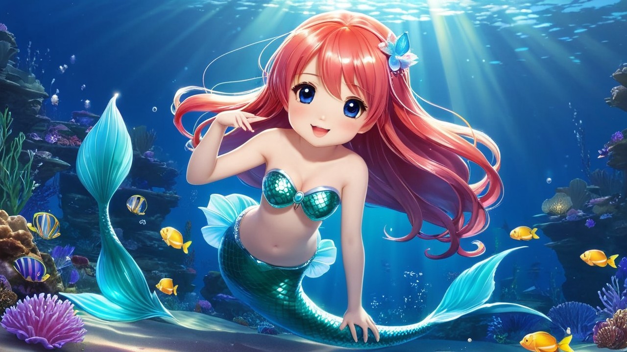 Vibrant underwater scene with a charming mermaid