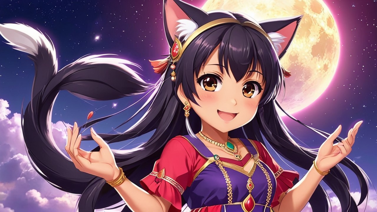 Anime Character with Cat Ears in Moonlit Scene