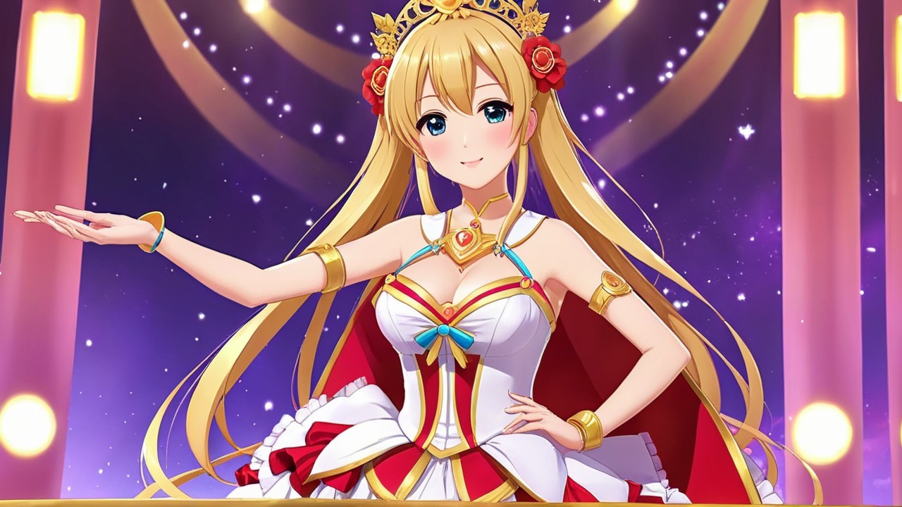 Cheerful anime character in glamorous costume and cape