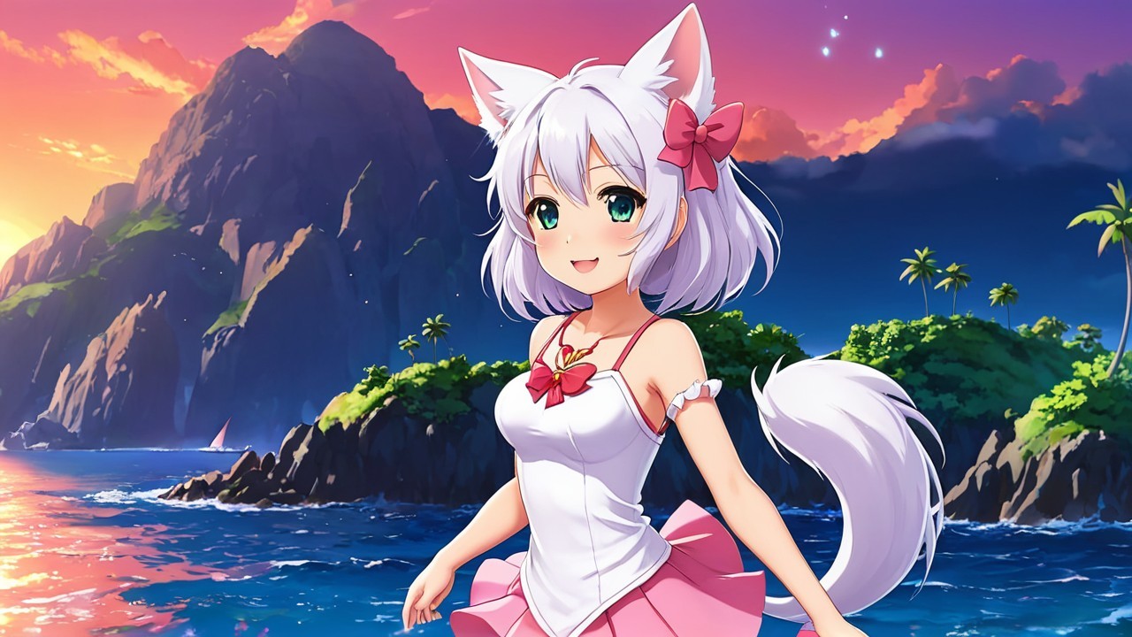 Cheerful Anime Character at Sunset by the Shore