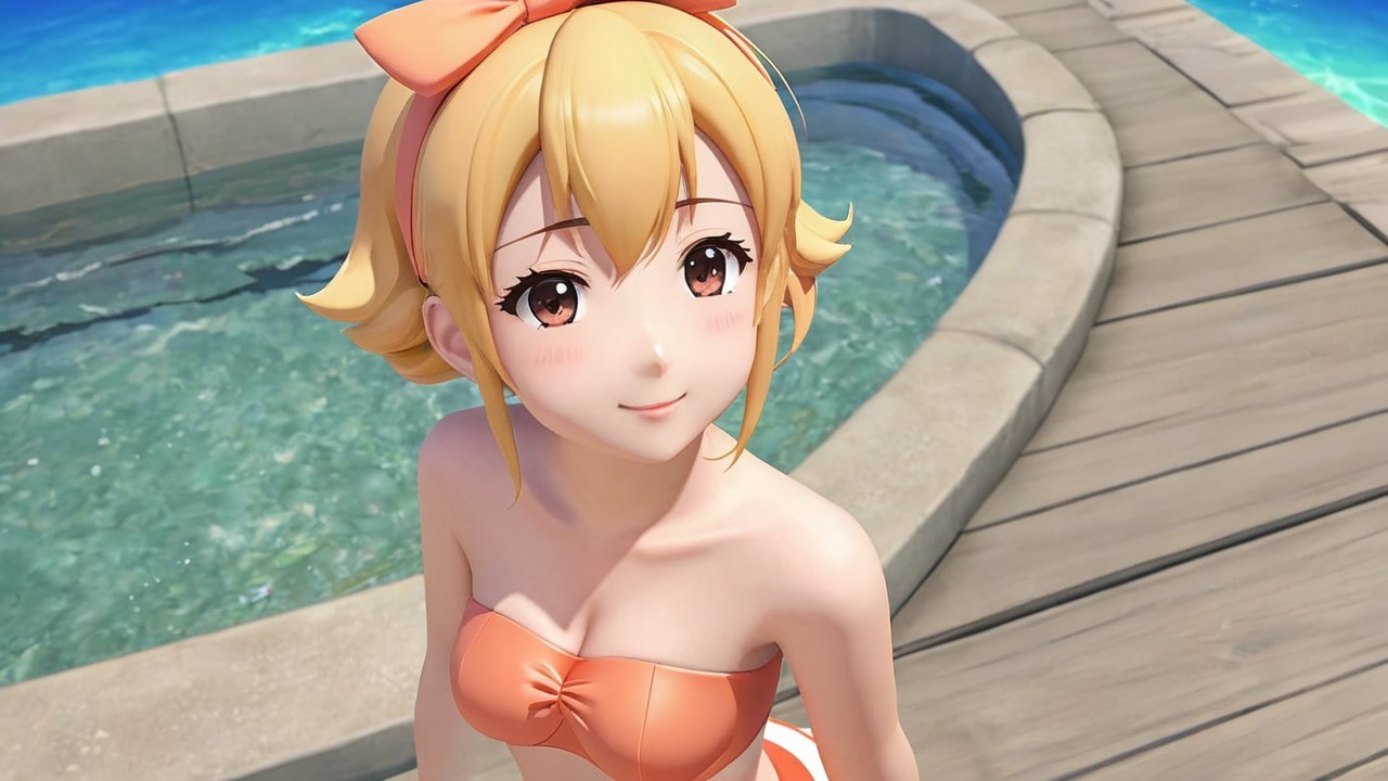 Cheerful anime character by a sparkling pool