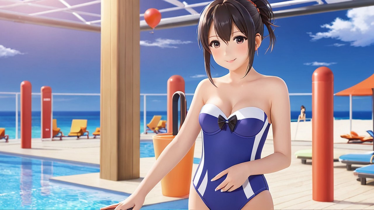 Animated character by a sparkling pool in summer.