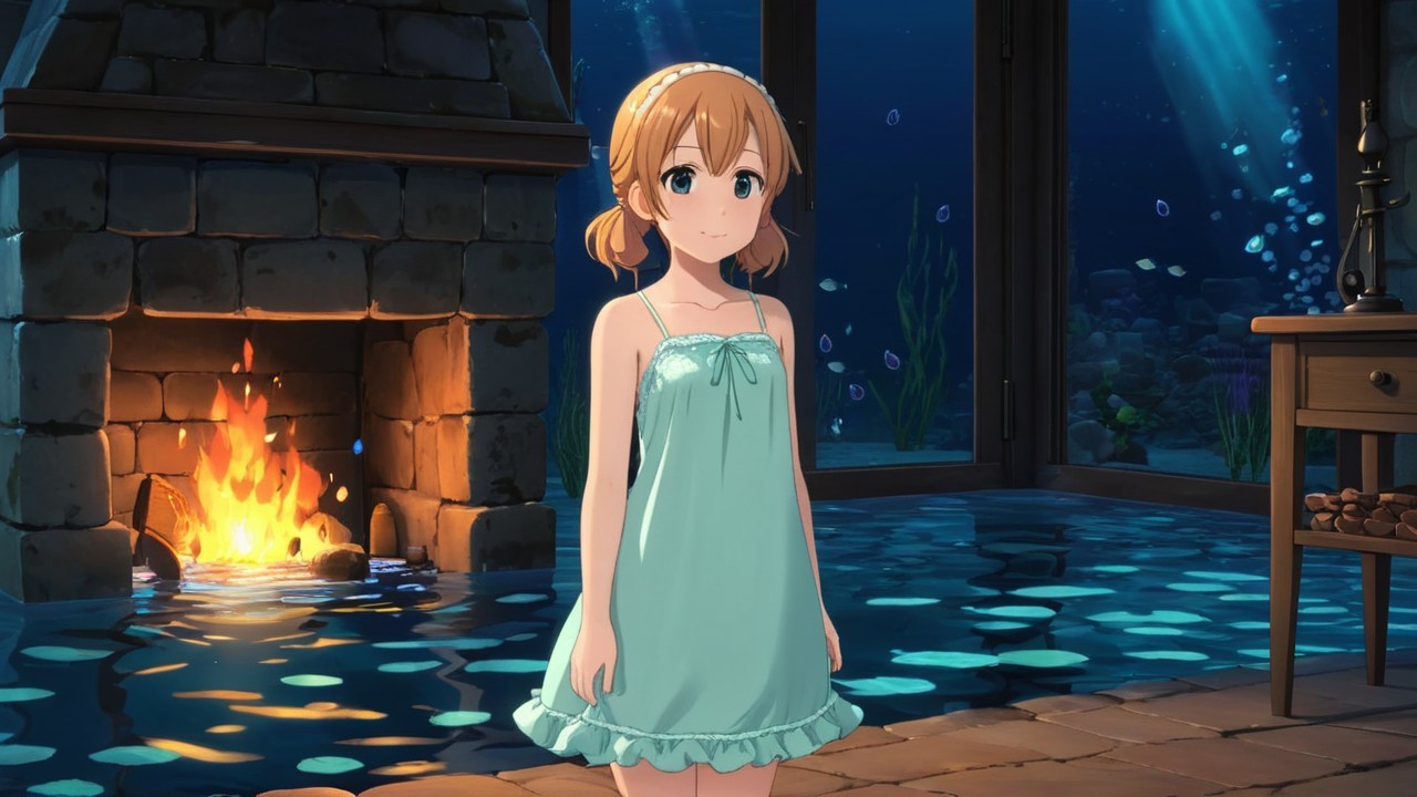 Young girl in cozy room with underwater view