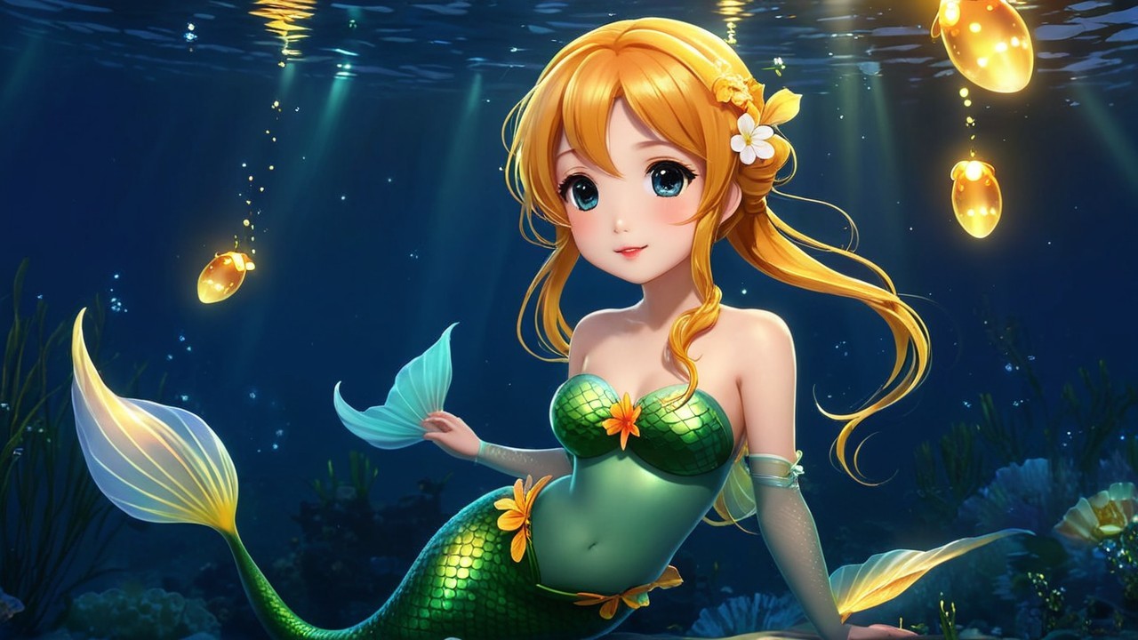 Whimsical Underwater Scene with Mermaid and Sea Life