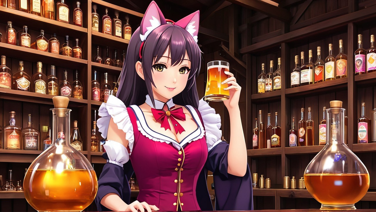 Cheerful anime character in cozy tavern setting