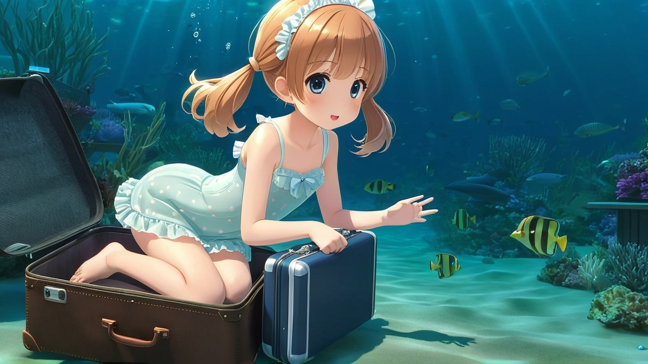 Young girl in suitcase underwater with colorful fish