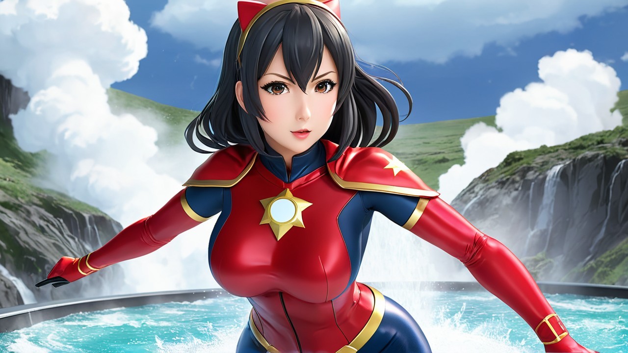 Female superhero in red and blue costume by waterfalls