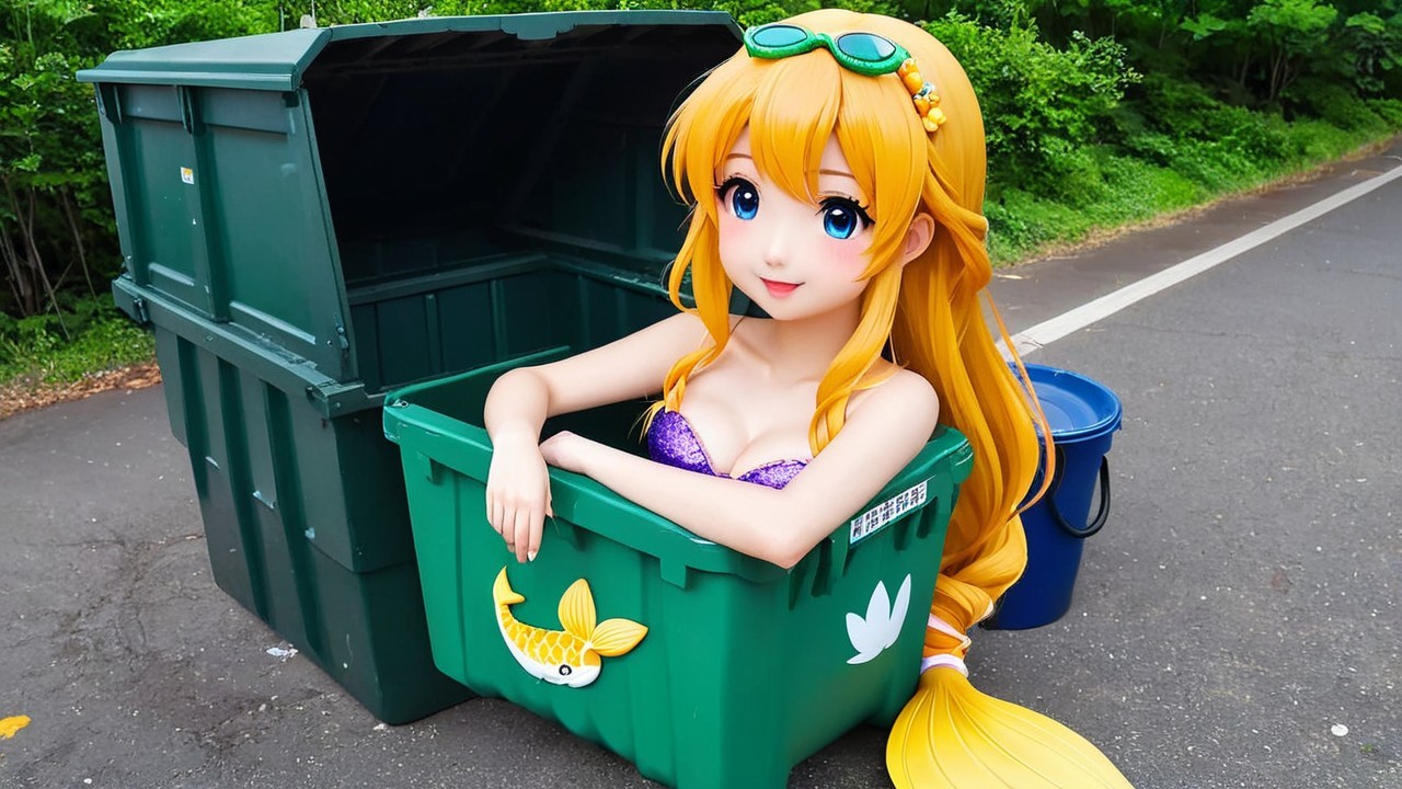 Life-sized anime figure emerging from a green dumpster