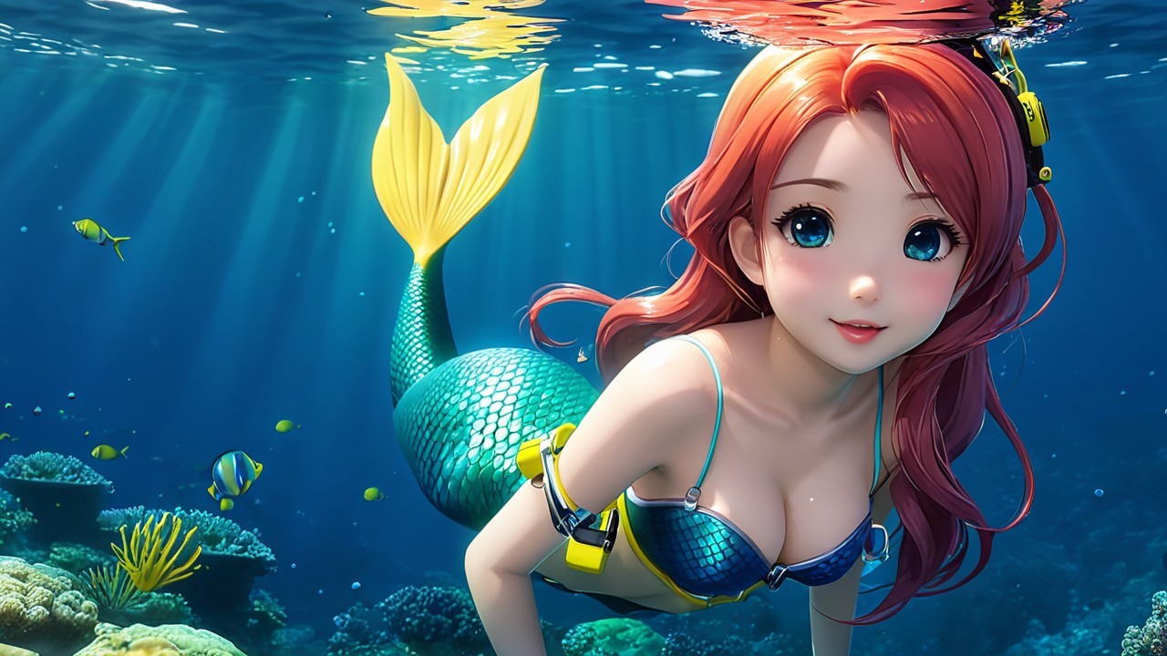 Vibrant Underwater Scene with Mermaid and Coral Reefs