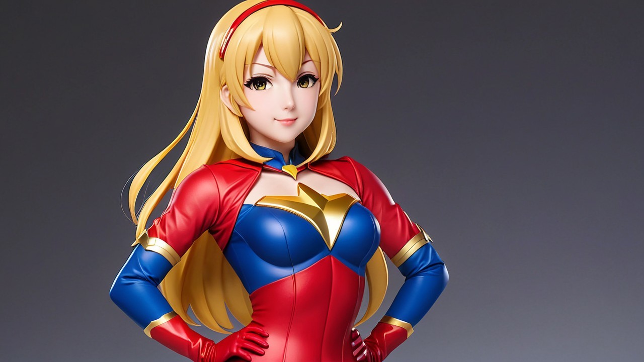 Vibrant Superheroine in Red and Blue Costume