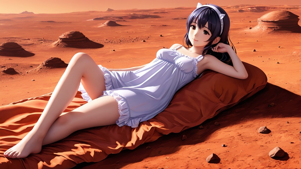 Character Relaxing on Martian Landscape with Red Desert