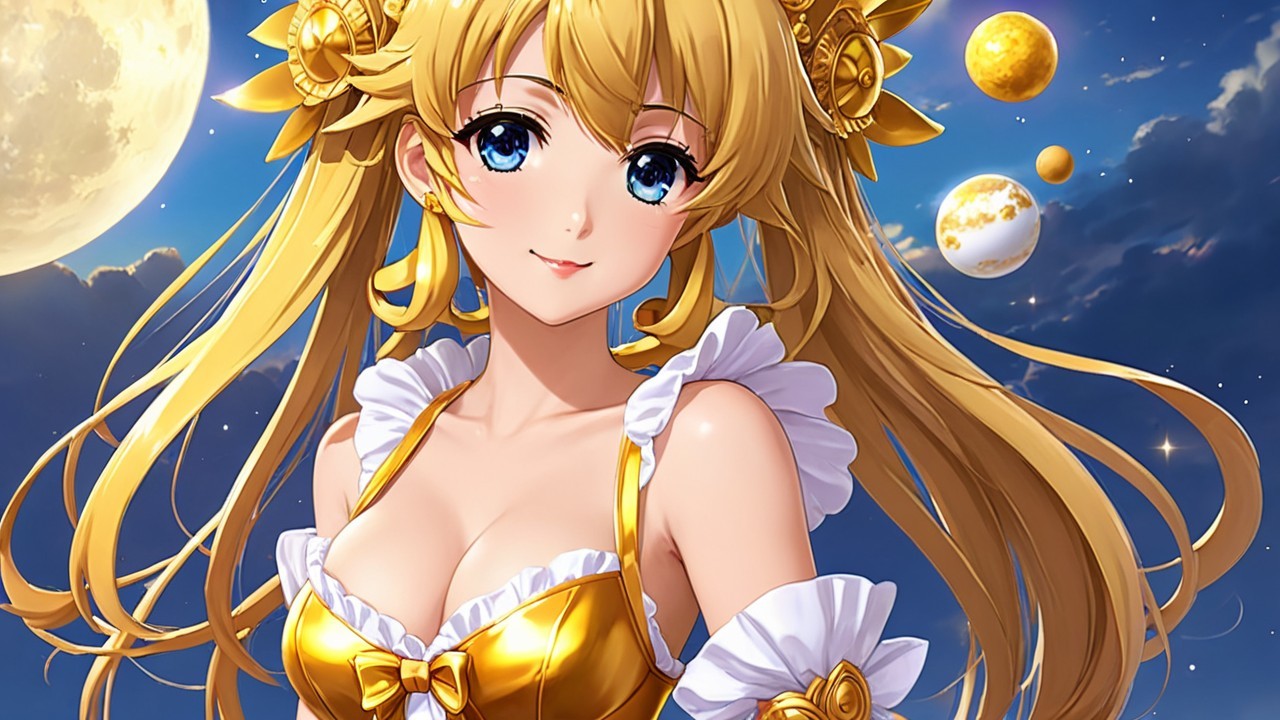 Fantastical Character with Golden Hair and Starry Sky