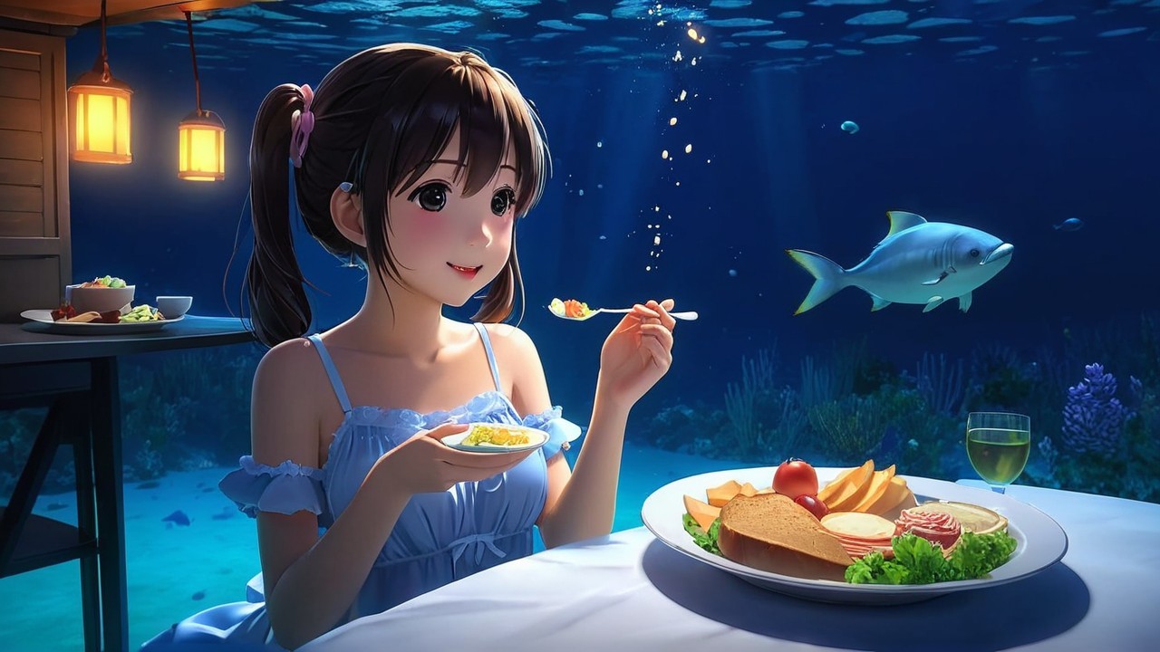 Underwater Dining Scene with Young Girl and Fish
