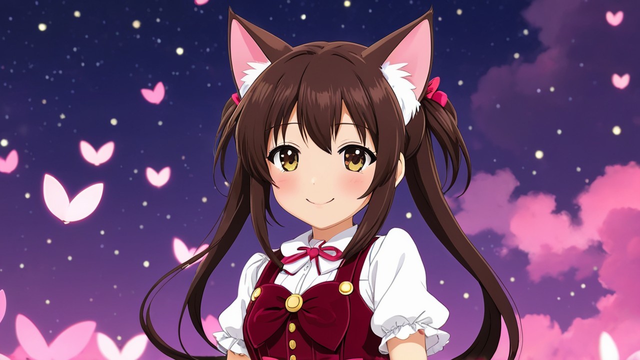 Cheerful Anime Character with Cat Ears and Pigtails