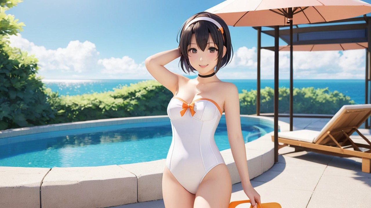 Cheerful anime character by pool in stylish swimsuit