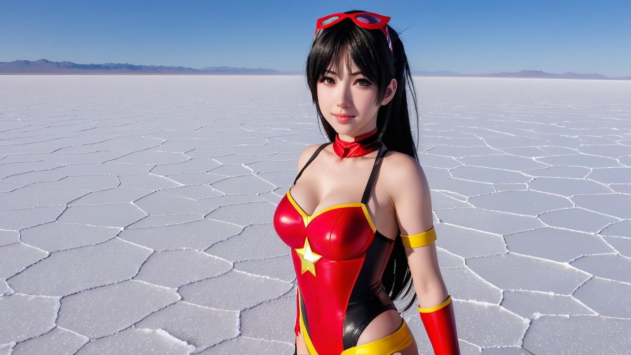 Young woman in superhero costume on salt flat