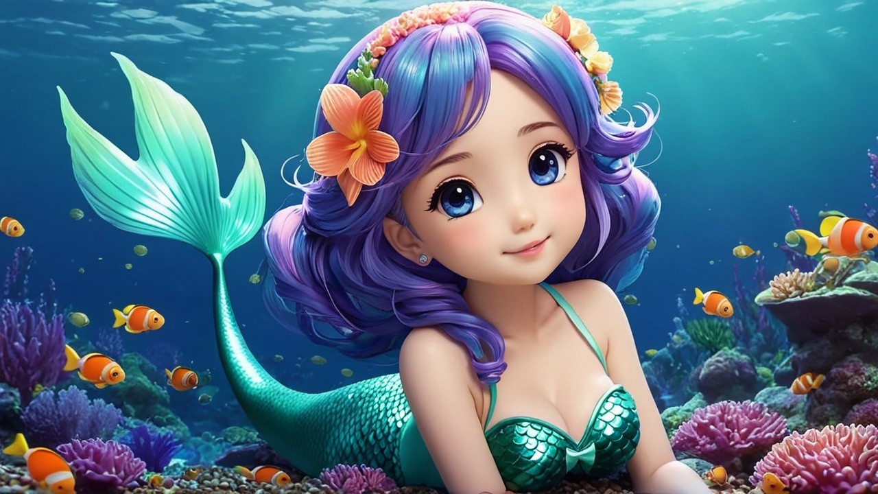 Whimsical Underwater Scene with Mermaid and Coral Reefs