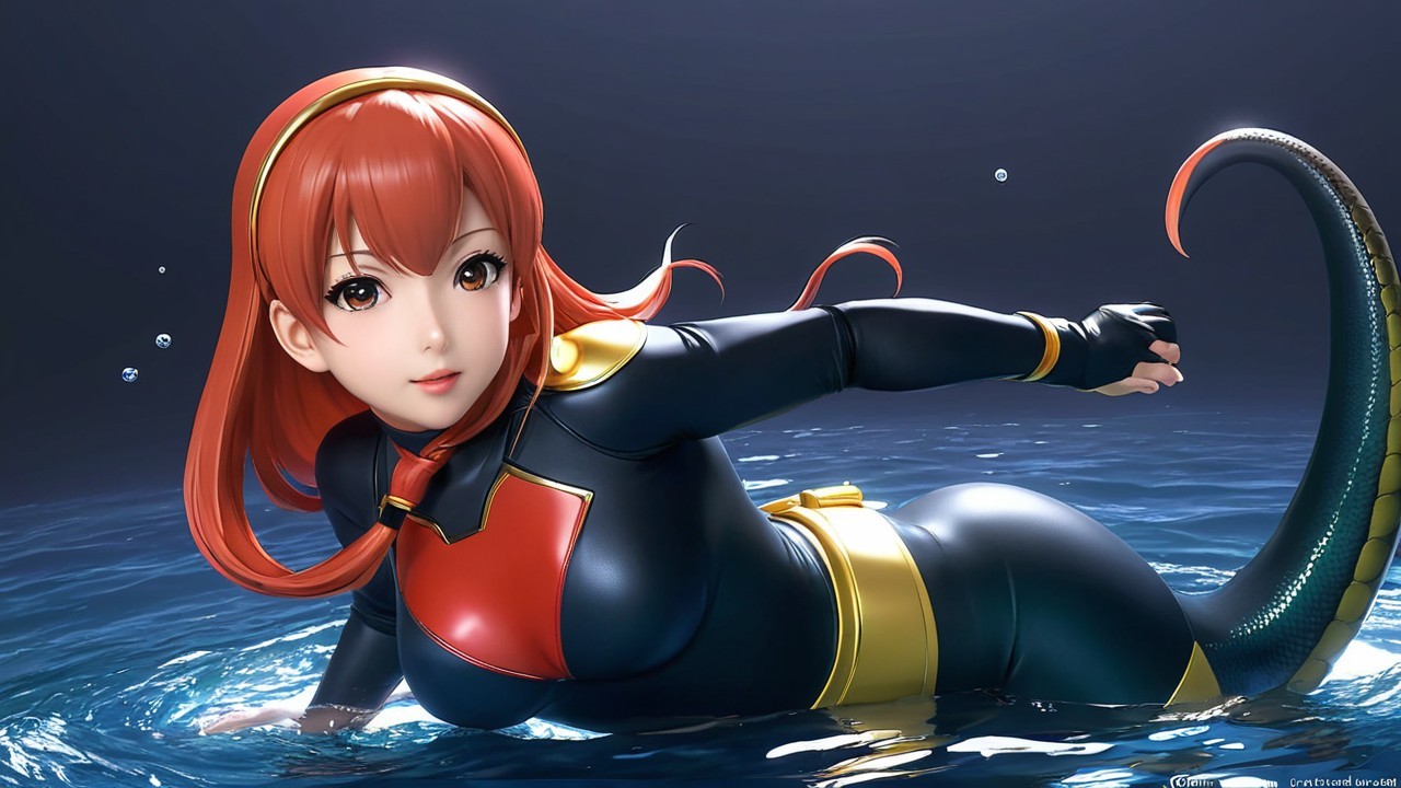 Stylized Character with Serpentine Tail and Bubbles