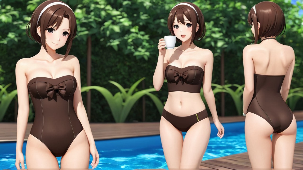 Stylized Animated Character by Pool in Brown Swimsuit