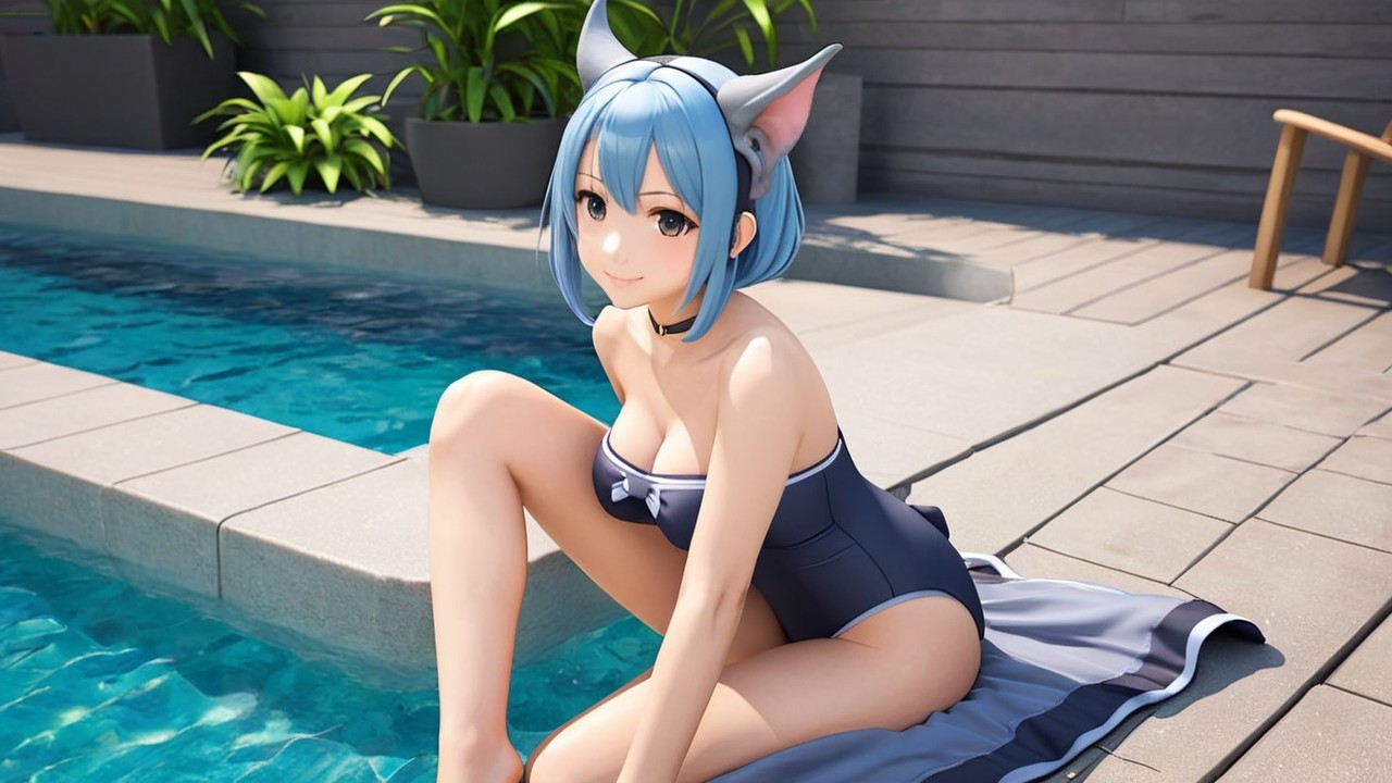 Character with blue hair by a pool in a swimsuit