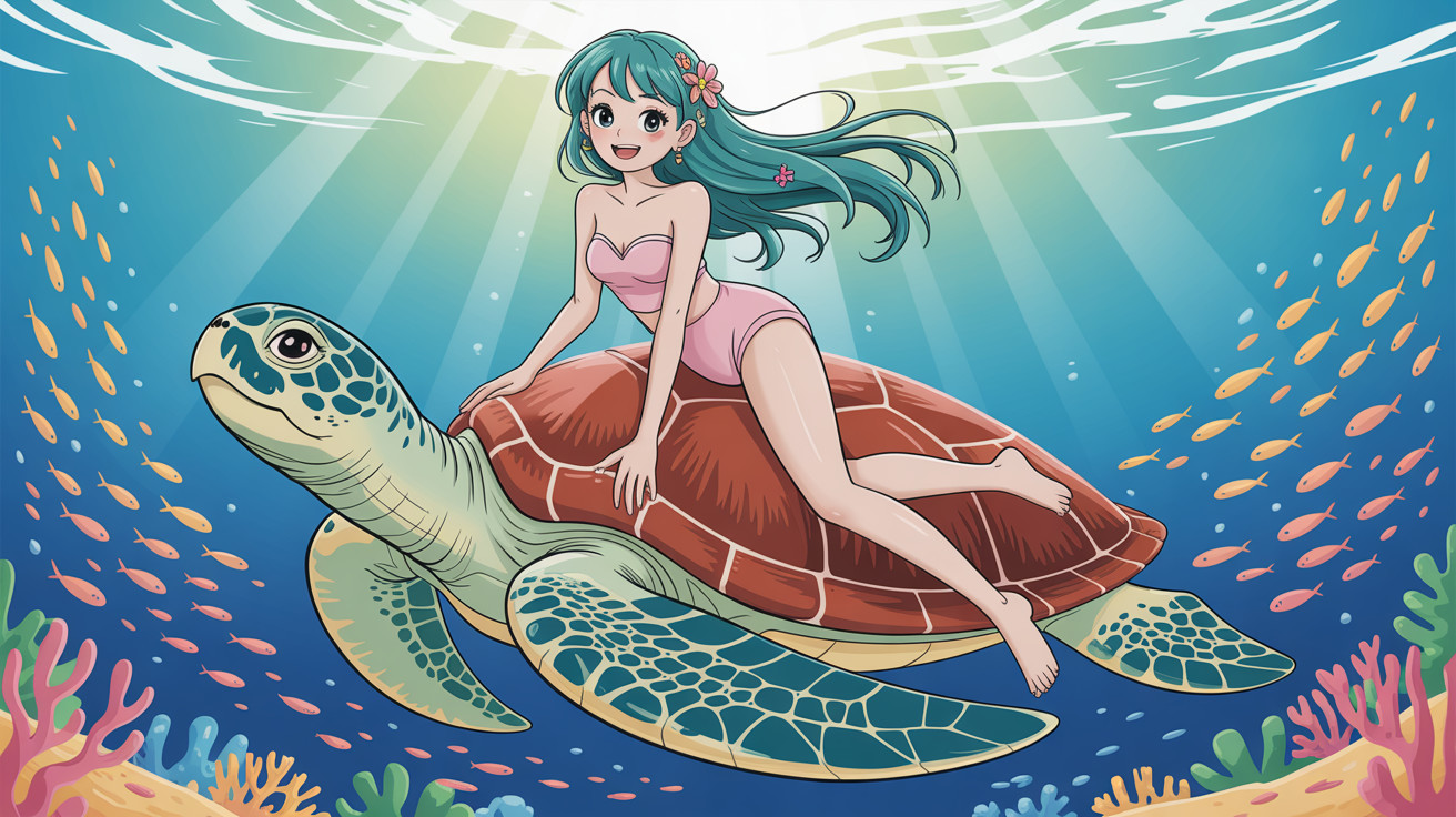 Cartoon Anime Girl Riding Turtle in Ocean Scene