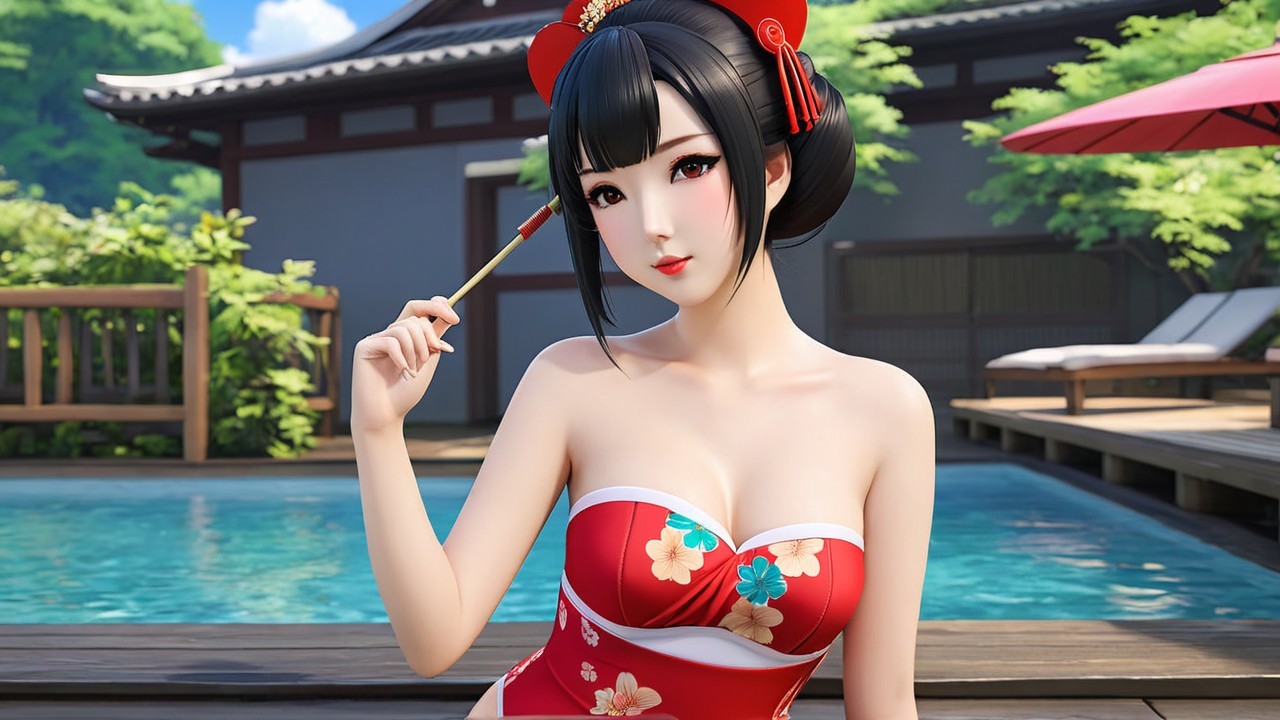 Animated character in red floral swimsuit by pool