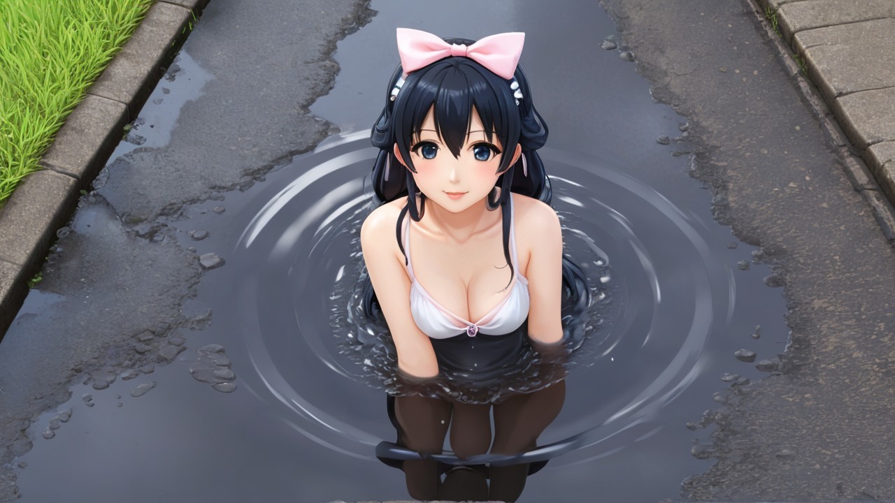 Young Woman Playfully Sitting in Urban Puddle