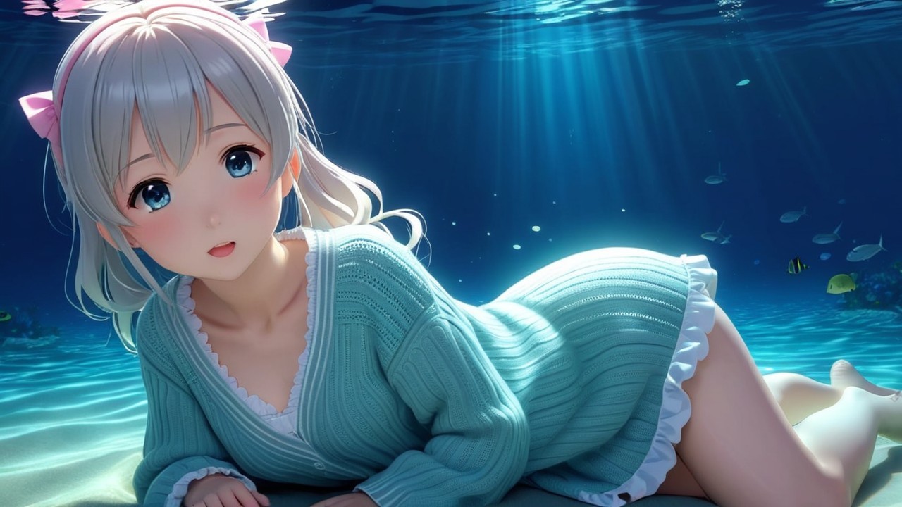 Young woman in pale blue sweater underwater with fish