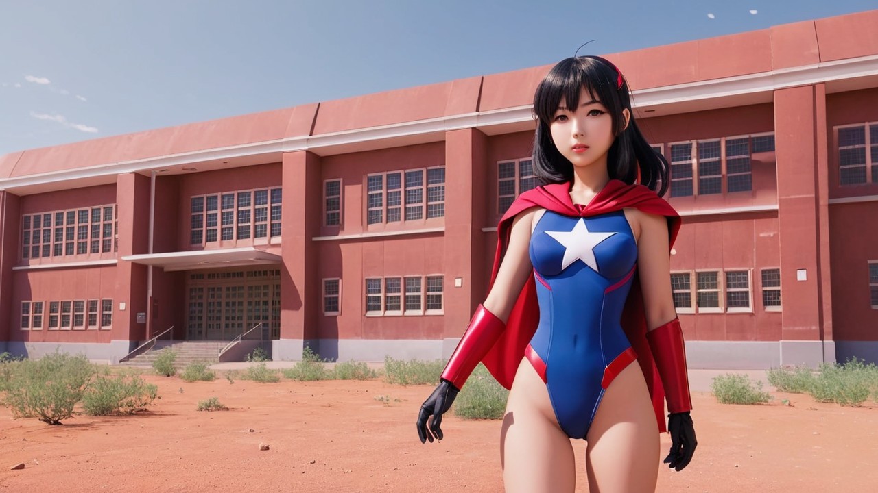 Super-heroine in Blue Swimsuit and Red Cape in Desert