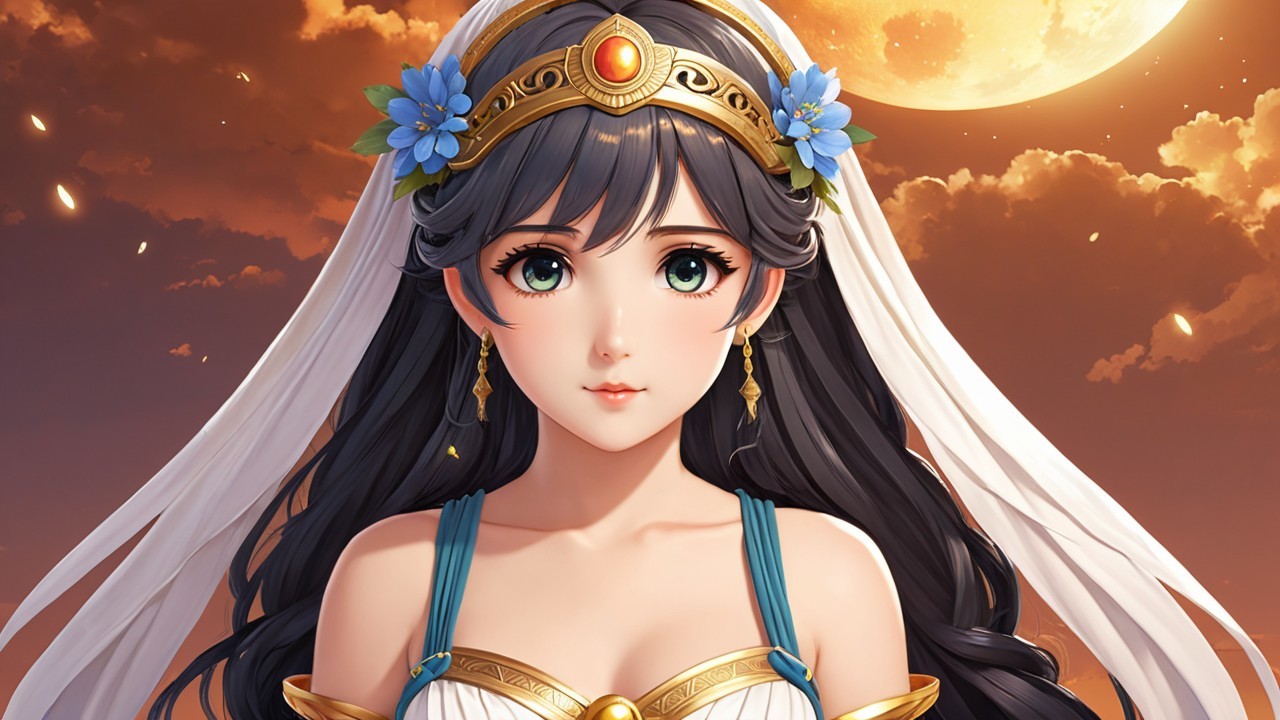 Character with Black Hair and Gown Under Moonlight