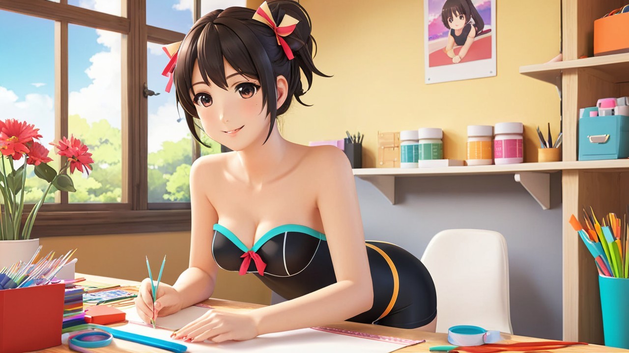Cheerful anime girl at colorful art desk with supplies