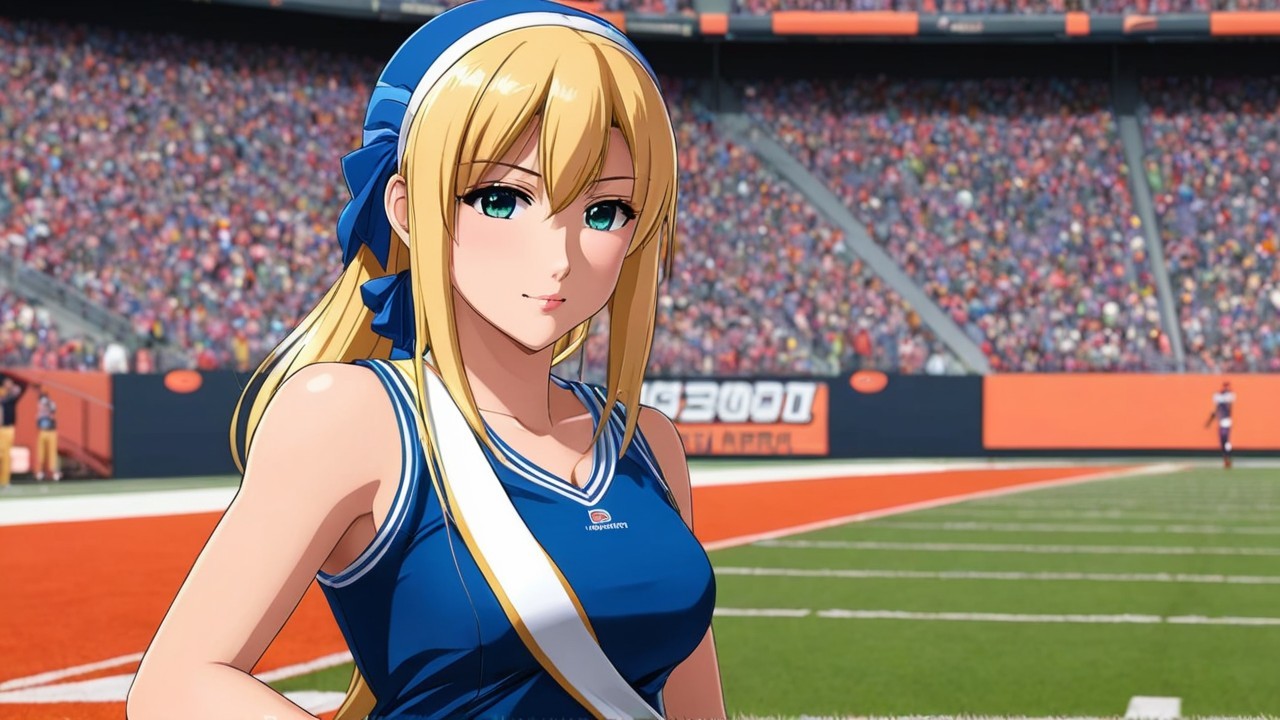 Golden-haired cheerleader in blue outfit at stadium