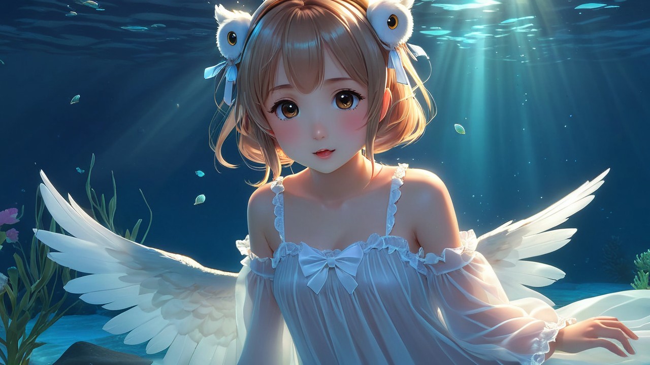 Whimsical Underwater Scene with Angel-Winged Girl