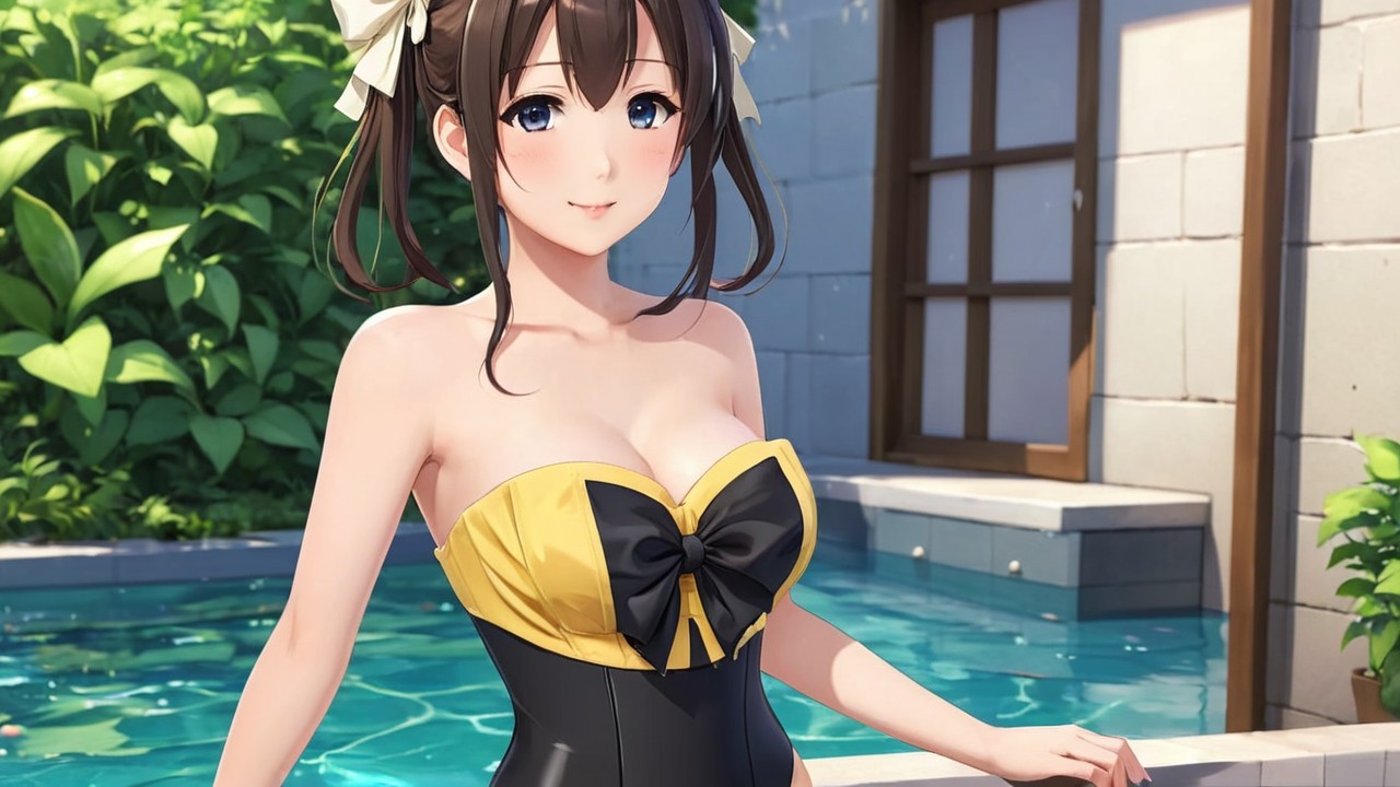 Character in Black and Yellow Swimsuit by Poolside