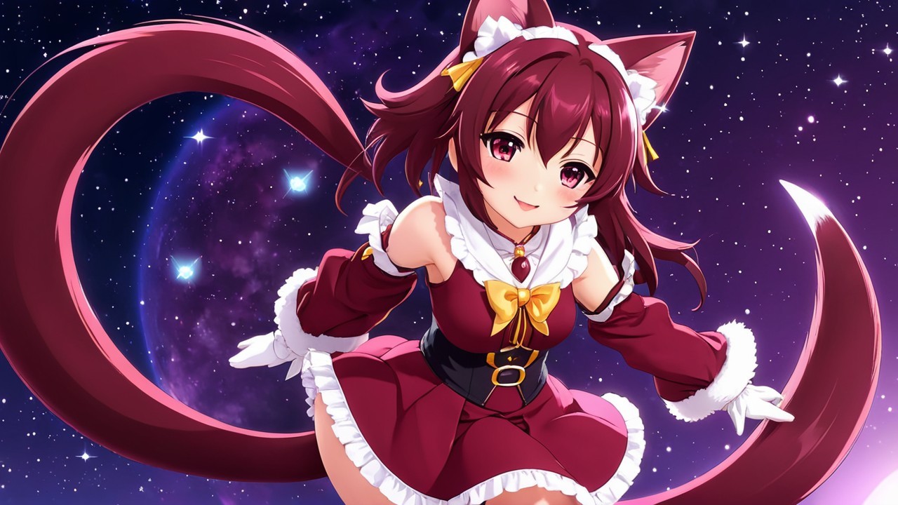 Playful Character in Festive Red Outfit with Cat Ears
