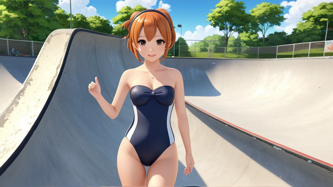 Cheerful Animated Girl in Skate Park with Swimsuit