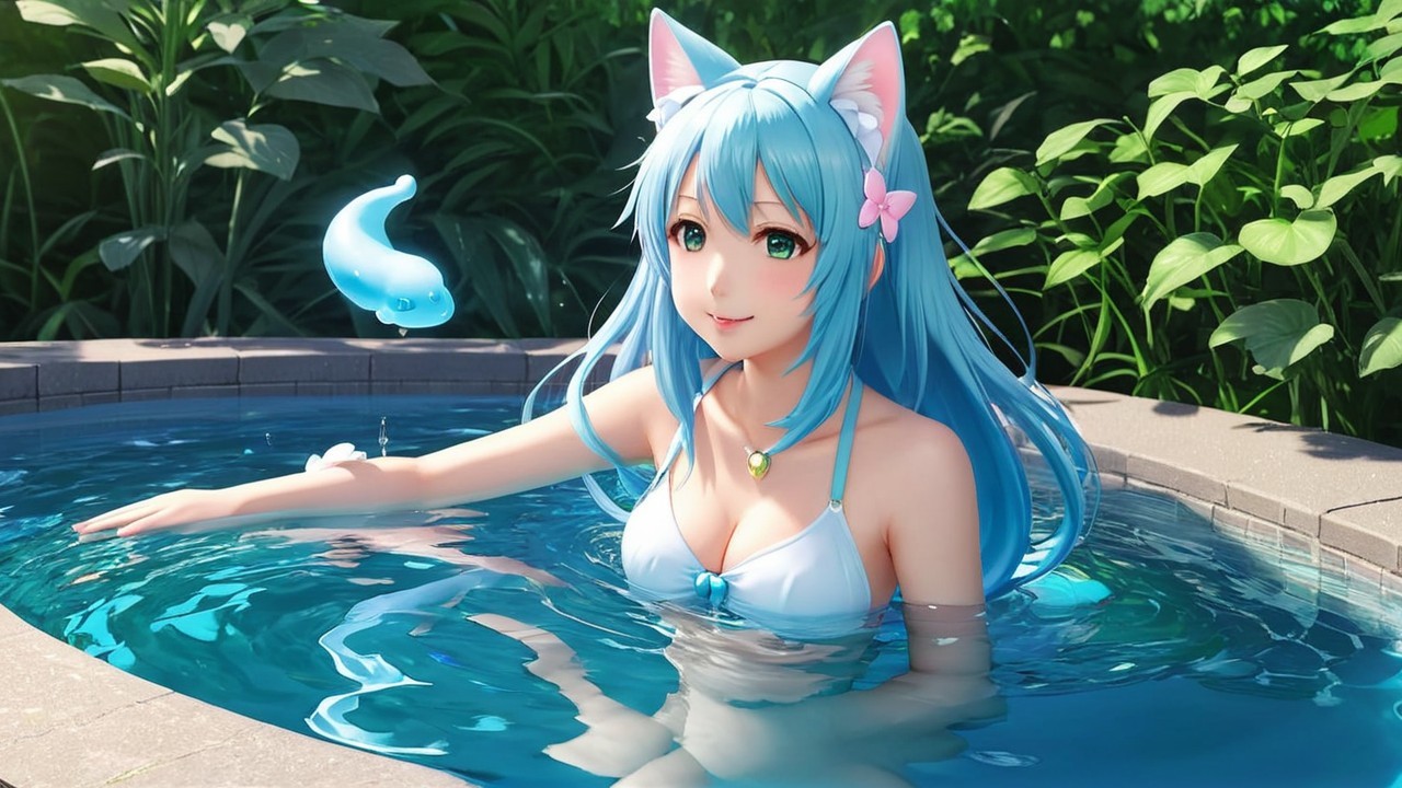 Anime Character Relaxing in Sparkling Pool Scene