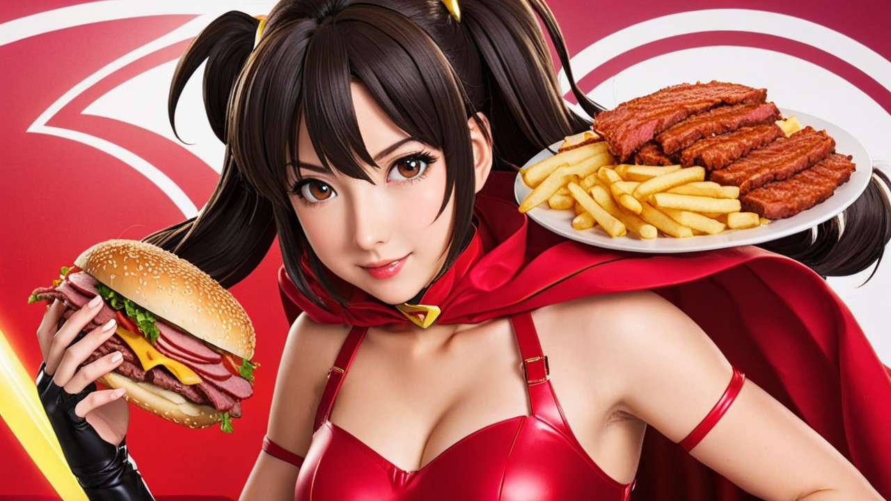 Stylized superhero character with burger and fries