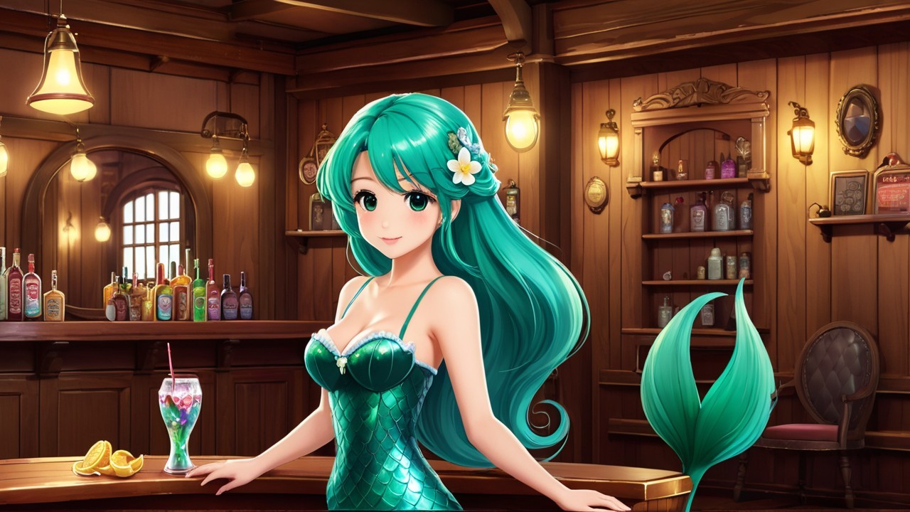 Mermaid with Teal Hair at Rustic Bar Scene