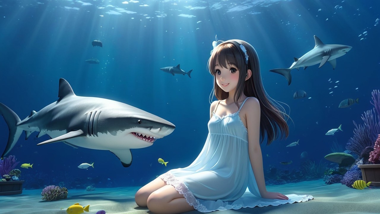 Underwater Scene with Girl and Marine Life