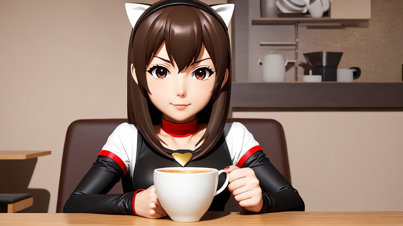 Anime Character in Cafe with Coffee and Cat Ears
