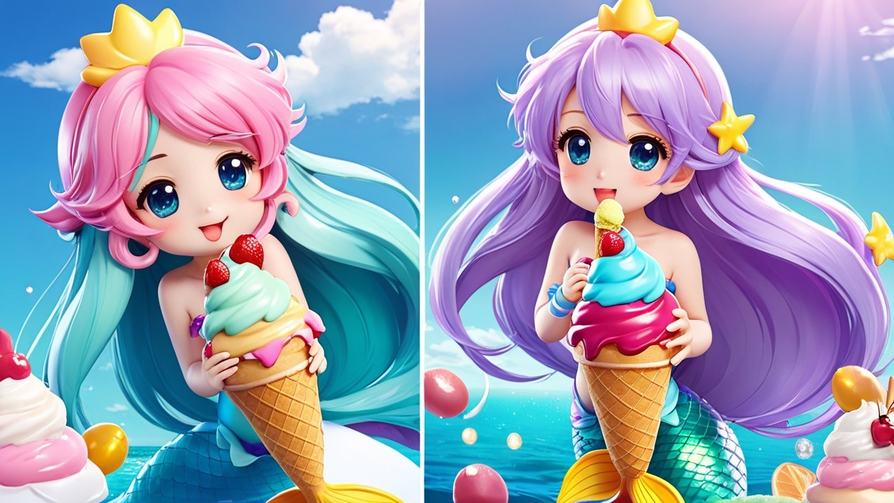 Cartoon Mermaids with Ice Cream by the Ocean