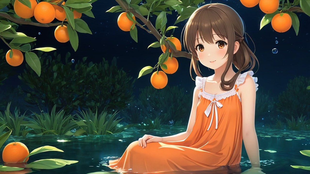 Serene Nighttime Scene with Girl in Tranquil Pool