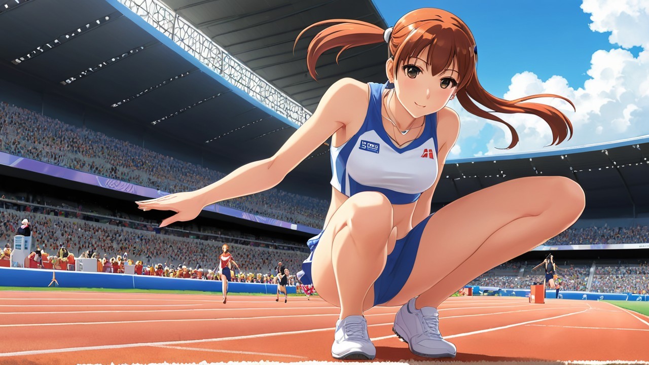 Young Female Athlete on Running Track Ready to Compete