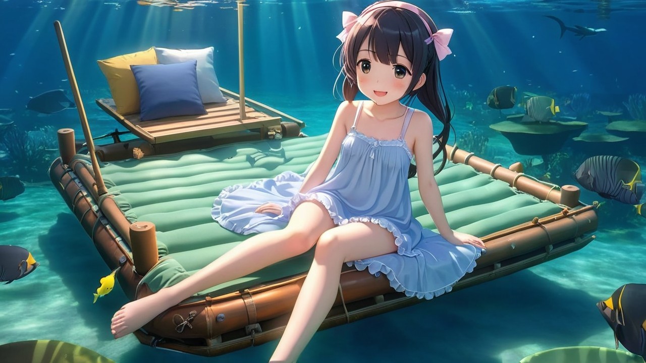 Young girl in blue dress on bamboo raft underwater