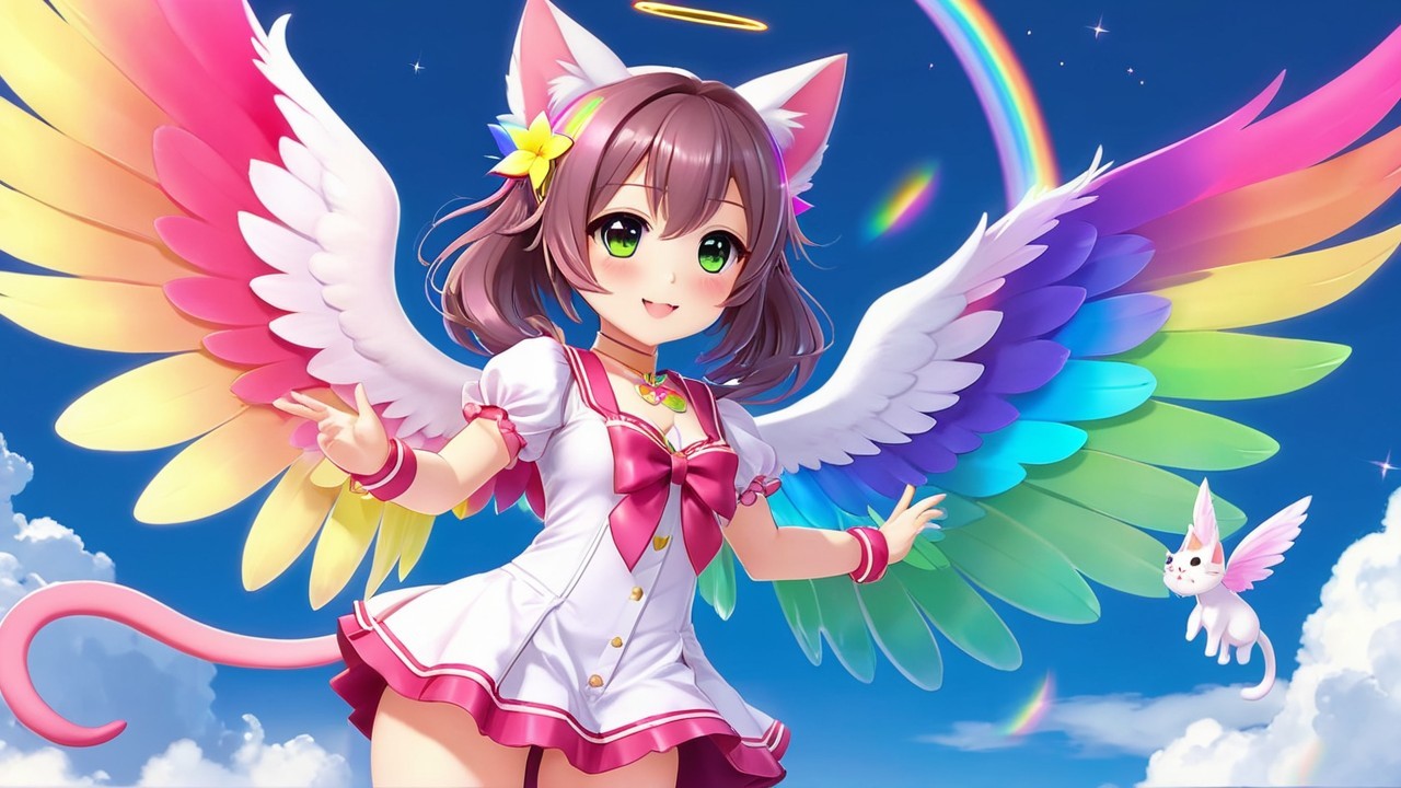 Cheerful anime girl with cat ears and rainbow wings
