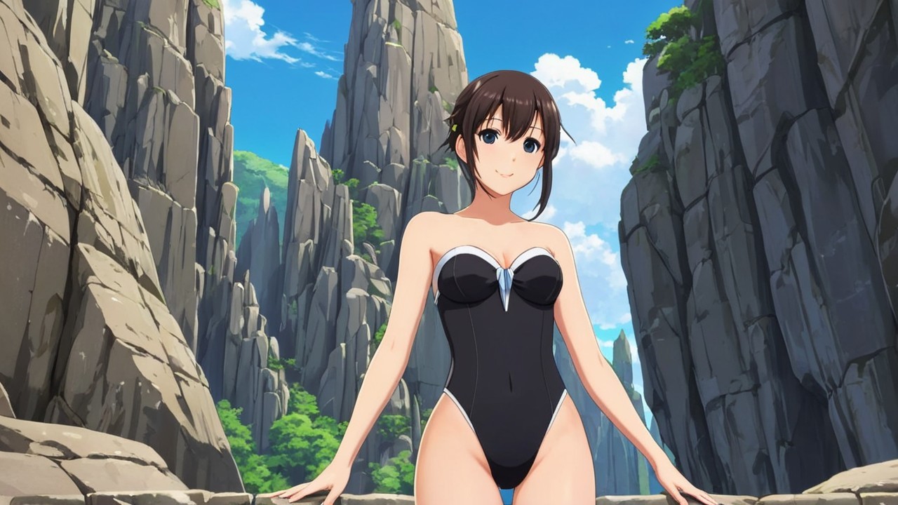 Young Woman in Black Swimsuit on Rocky Platform