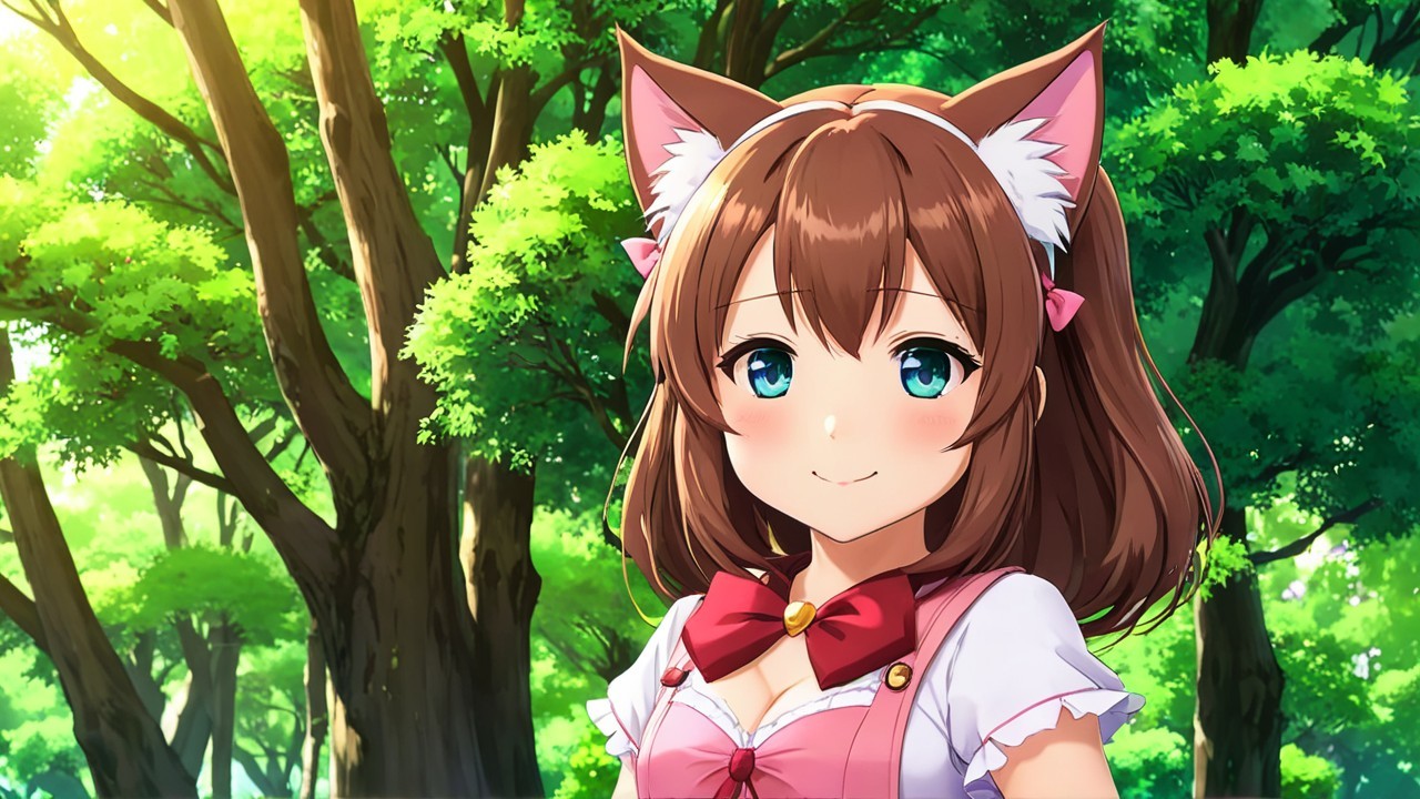 Cheerful anime girl with cat ears in a forest setting